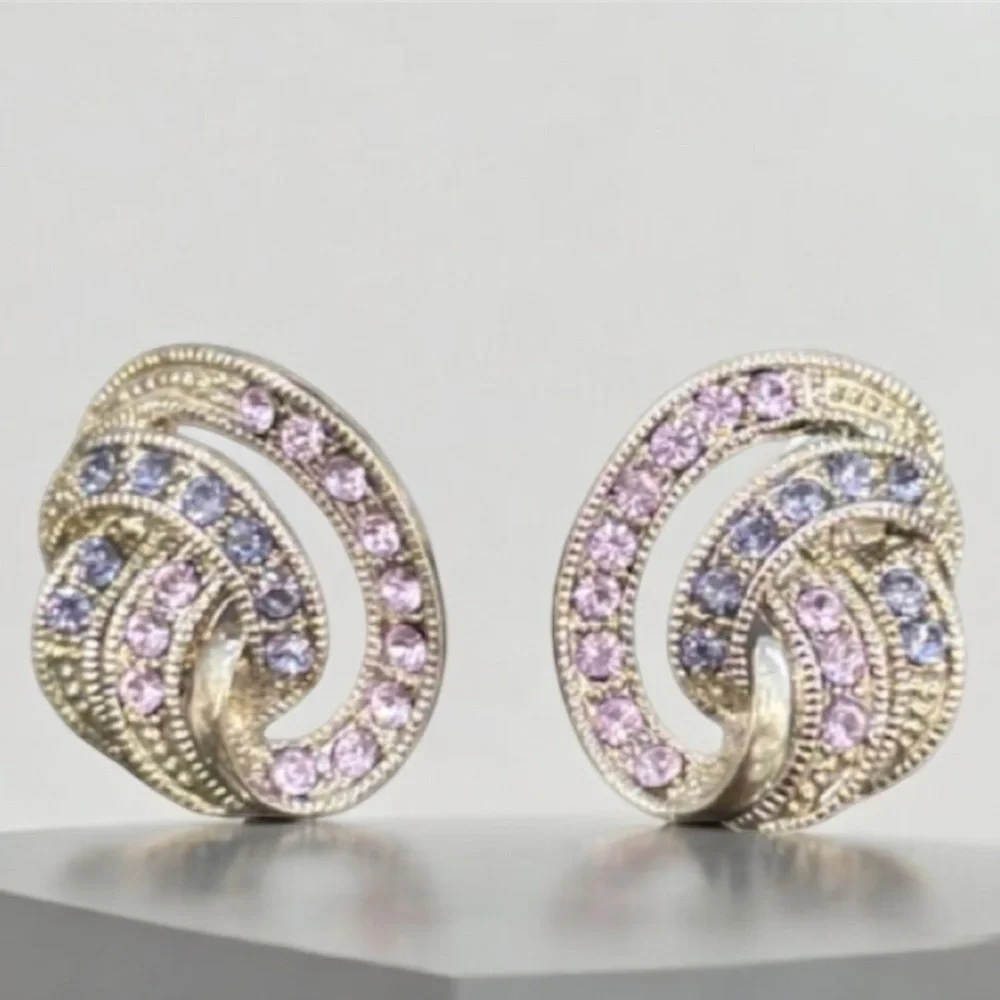 Vintage Earrings Sparkling Pink Purple Crystal Cubic Zirconia Formal Swirl Knot - Picture 14 of 16